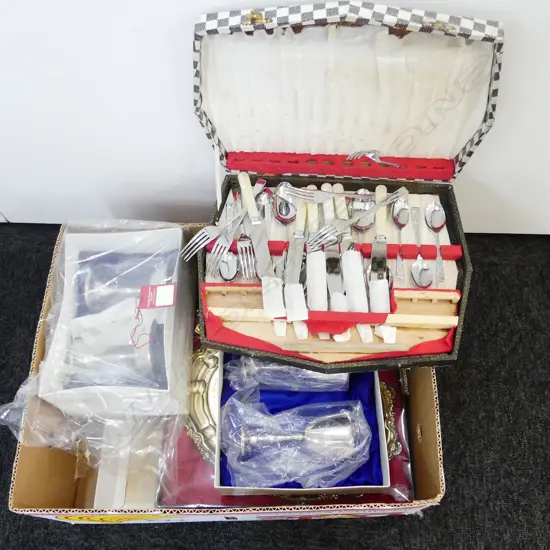 AN ASST LOT OF EP TRAYS,GOBLETS,ROYAL TEASPOONS AND A CANTEEN OF CUTLERY