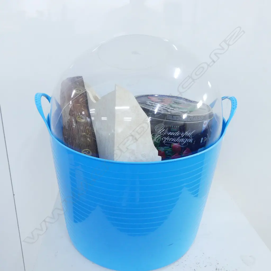 PLASTIC BUCKET WITH 2 LARGE BISCUIT TINS; LG CLEAR BOWL Image 1++