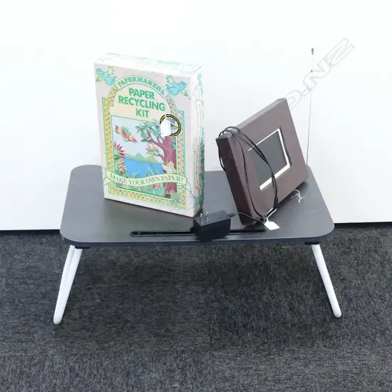 LEATHER DISPLAY WITH DIG. PHOTO DISPLAY; PAPER RECYLING KIT; FOLD OUT TRAY