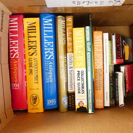 LG BOX ASST MILLER'S ANTIQUE GUIDES + GLASS