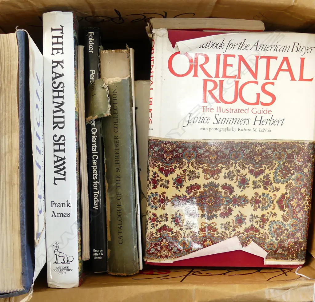 BOX ASST ANTIQUE BOOKS, INCL; PERSIAN RUGS, RIFLES, FASHION ETC Image 1++