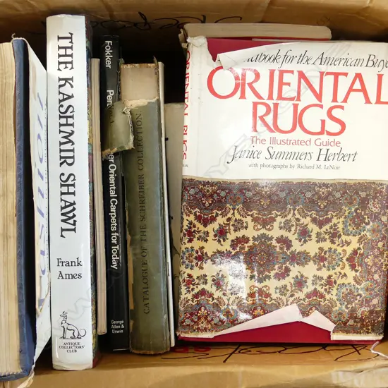 BOX ASST ANTIQUE BOOKS, INCL; PERSIAN RUGS, RIFLES, FASHION ETC