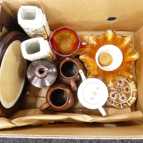 BOX LOT OF CHINA/CARNIVAL GLASS/PICT FRAMES