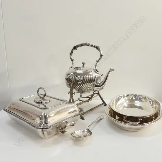 ANTIQUE  EP SAMOVAR + ASST EP SERVING DISHES (5)