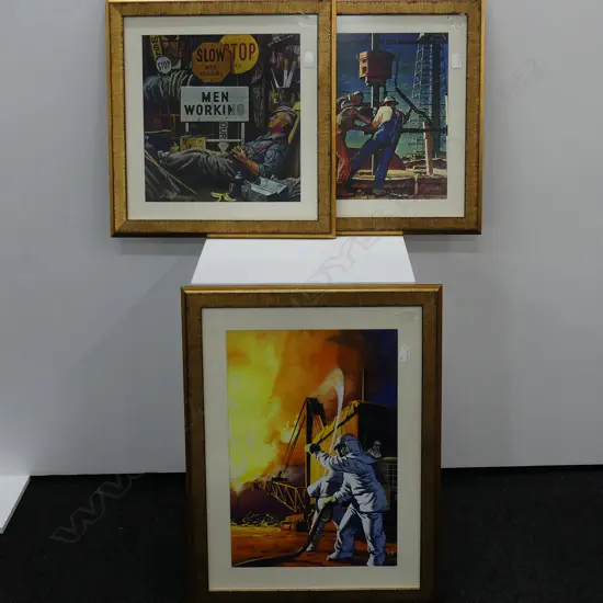 3 FRAMED OIL DRILLING PRINTS, LARGEST 760 X 590MM