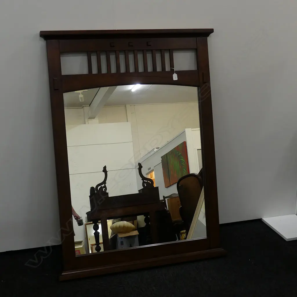 A WOODEN FRAMED ARTS AND CRAFTS STYLE MIRROR, W. 880MM, H. 1280MM Image 1++