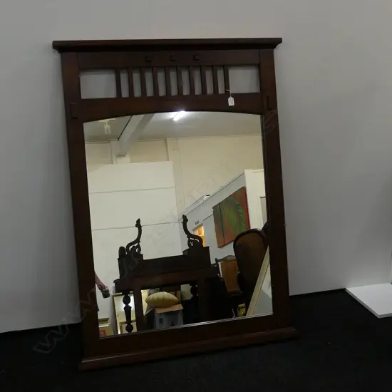 A WOODEN FRAMED ARTS AND CRAFTS STYLE MIRROR, W. 880MM, H. 1280MM