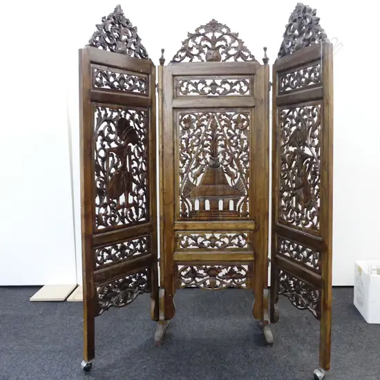 3 CARVED FRETWORK INDONESIAN PANELS, EACH W.555 X H. 1800MM