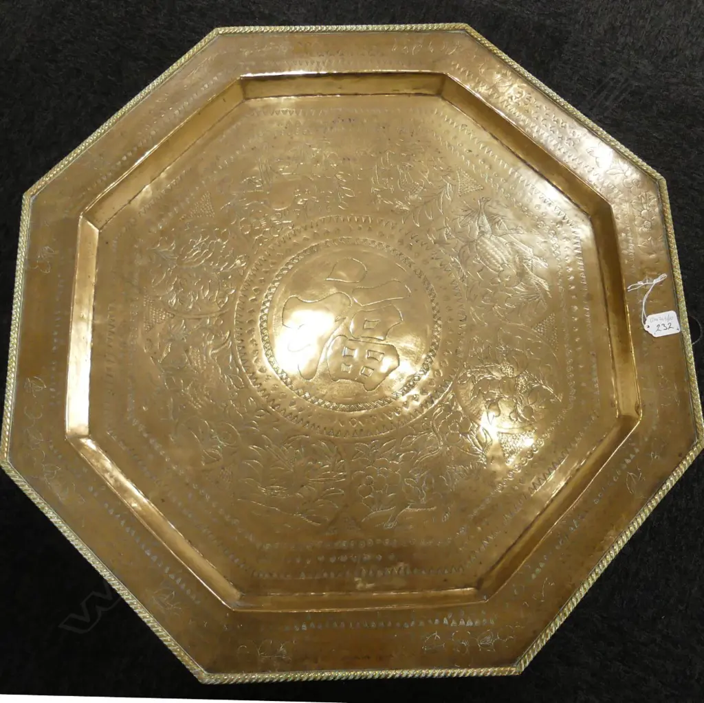 OCTAGONAL CHINESE BRASS TABLE/ WOODEN FOLDING BASE , W. 700MM Image 1++