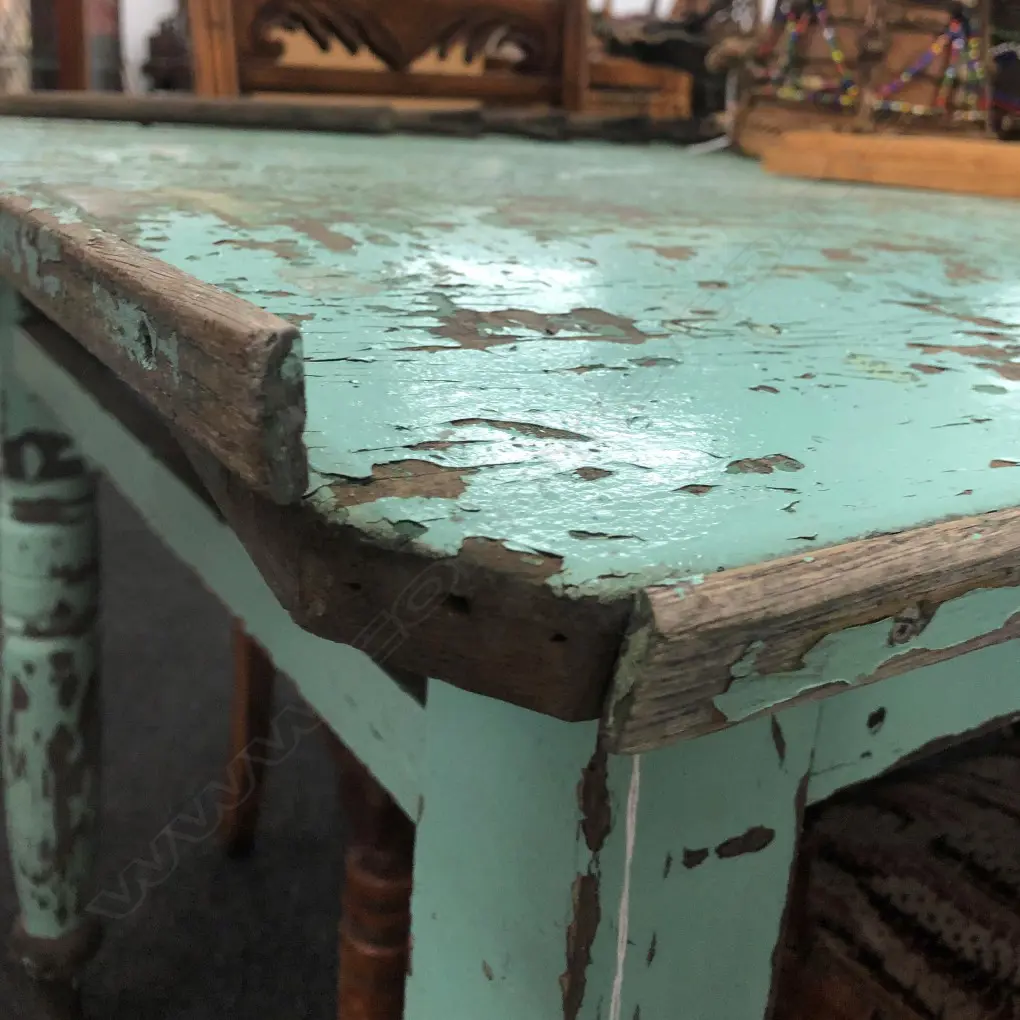 KAURI COLONIAL DINING TABLE WITH DISTRESSED PAINTED GREEN PATINATION, H. 750 X W. 910 X L. 1850 Image 1++