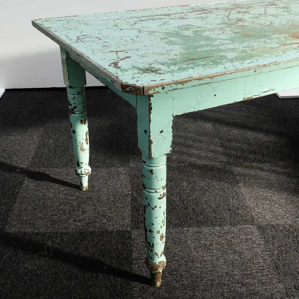 KAURI COLONIAL DINING TABLE WITH DISTRESSED PAINTED GREEN PATINATION, H. 750 X W. 910 X L. 1850 Image 1++