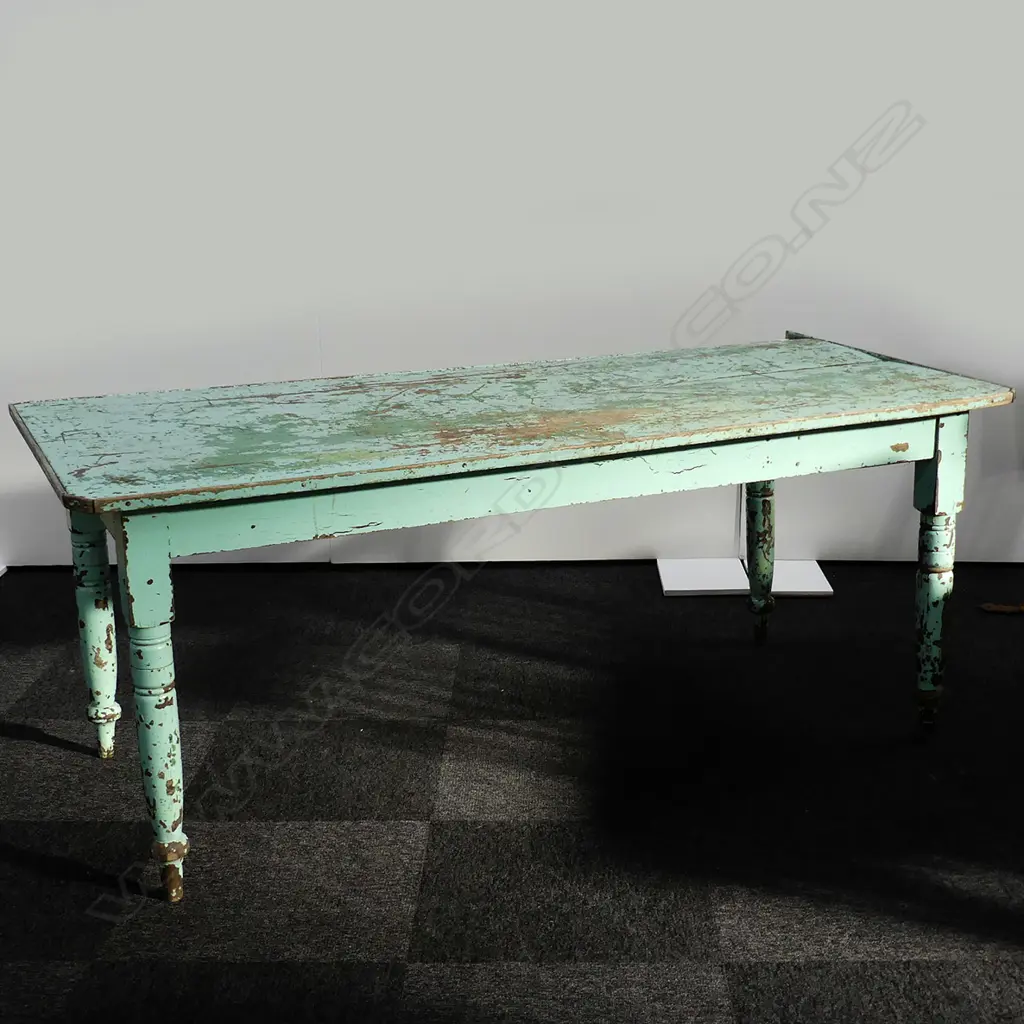 KAURI COLONIAL DINING TABLE WITH DISTRESSED PAINTED GREEN PATINATION, H. 750 X W. 910 X L. 1850 Image 1++