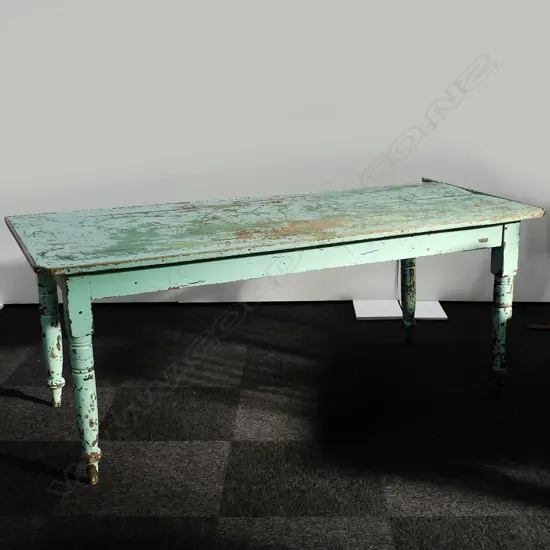 KAURI COLONIAL DINING TABLE WITH DISTRESSED PAINTED GREEN PATINATION, H. 750 X W. 910 X L. 1850