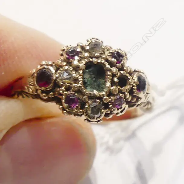 GEORGIAN GOLD/DIAMOND/GARNET RING (AF) Image 1++