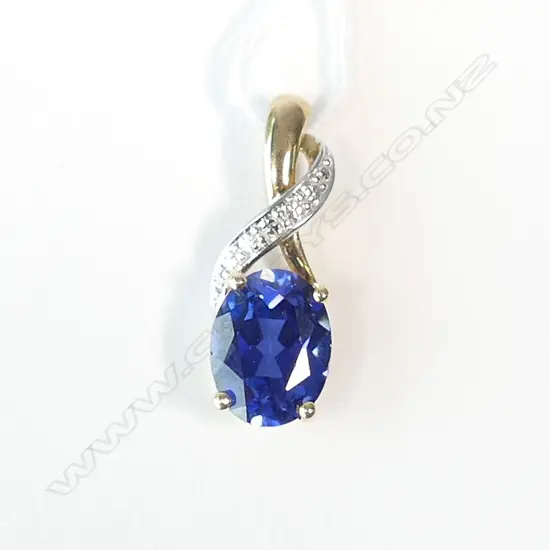 9CT SYTHETIC SAPPHIRE & DIA. PENDANT