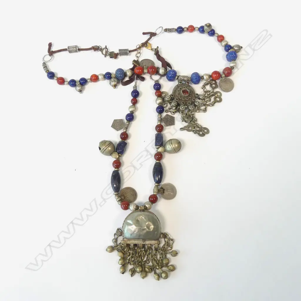 2 AFGHAN SILVER/BEAD NECKLACES Image 1++