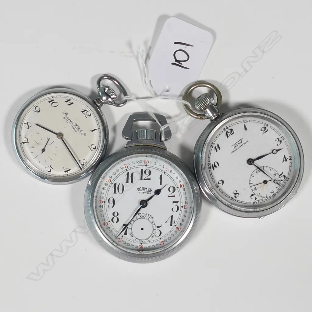 3 VINTAGE POCKET WATCHES; 2 X ROAMER + ... Image 1++
