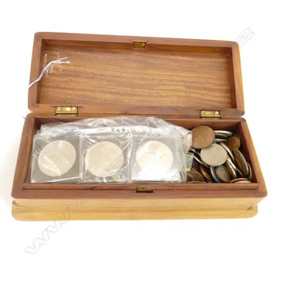 WOODEN BOX W/ ASST NZ + WORLD COINS
