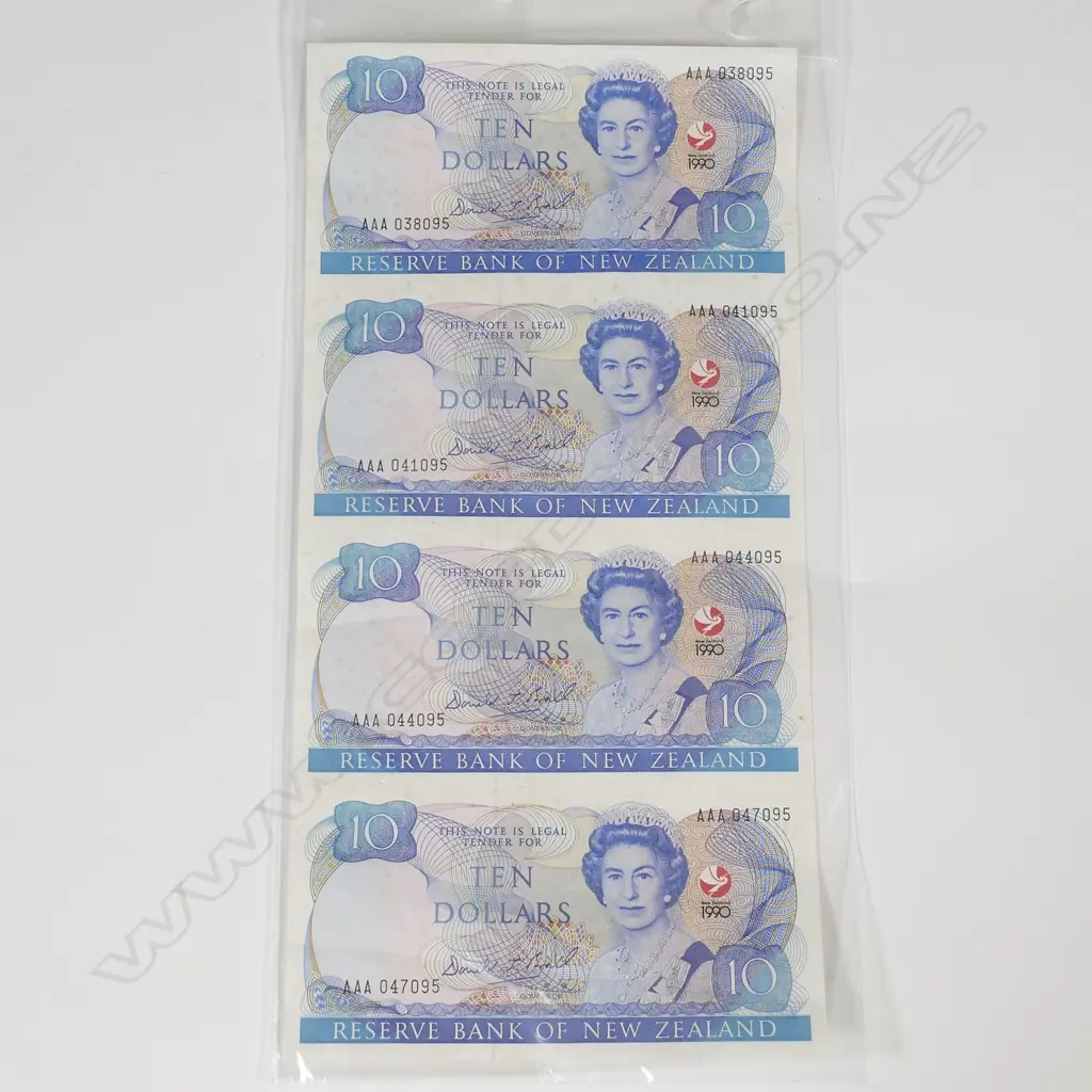 FOUR JOINED $10 1990 WAITANGI ANNIVERSARY NZ BANK NOTES Image 1++