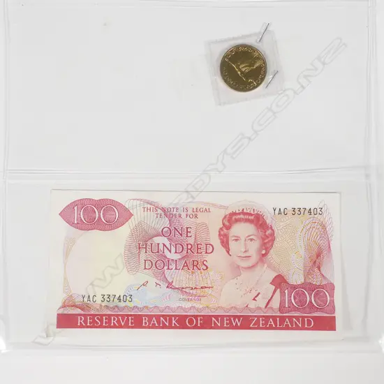 NZ $100 BANK NOTE - APPARENTLY UNCIRCULATED YAC337403 & $2 1994 COIN