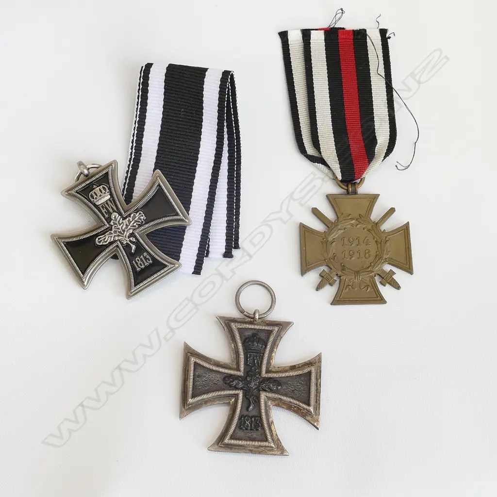 THREE GERMAN SERVICE MEDALS - HINDENBURG & IRON CROSSES (SOME COPIES?) Image 1++