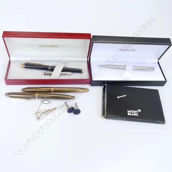 PENS; BOXED PARKER, SHEAFFER, 2 OTHERS, 10 MONT BLANC REFILLS, MONT BLANC STUD, ETC
