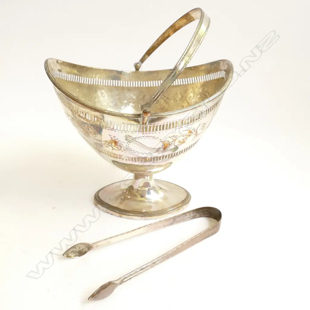 OLD SHEFFIELD PLATE SUGAR BASKET & PR SUGAR TONGS Image 1++