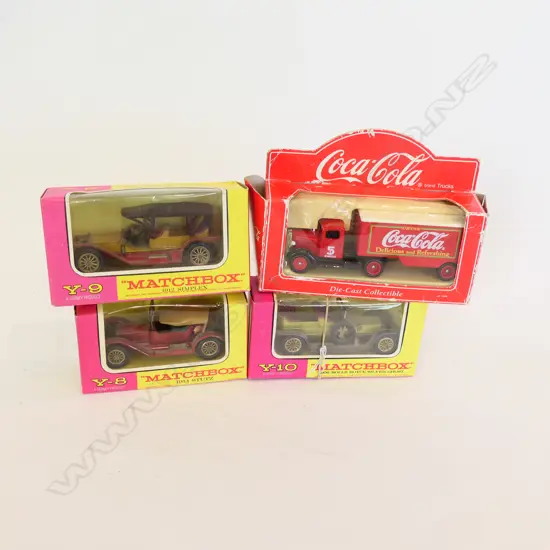 3 MATCHBOX "MODELS OF YESTERYEAR" PINK & YELLOW WINDOW BOXES + DIECAST COCA COLA TRUCK