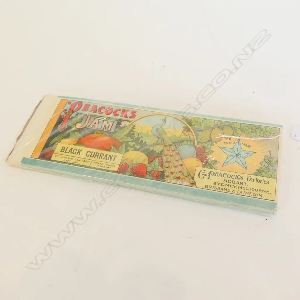 PEACOCK'S CAN LABELS 'BLACK CURRANT' AND 'APRICOT' (APPROX 100) Image 1++