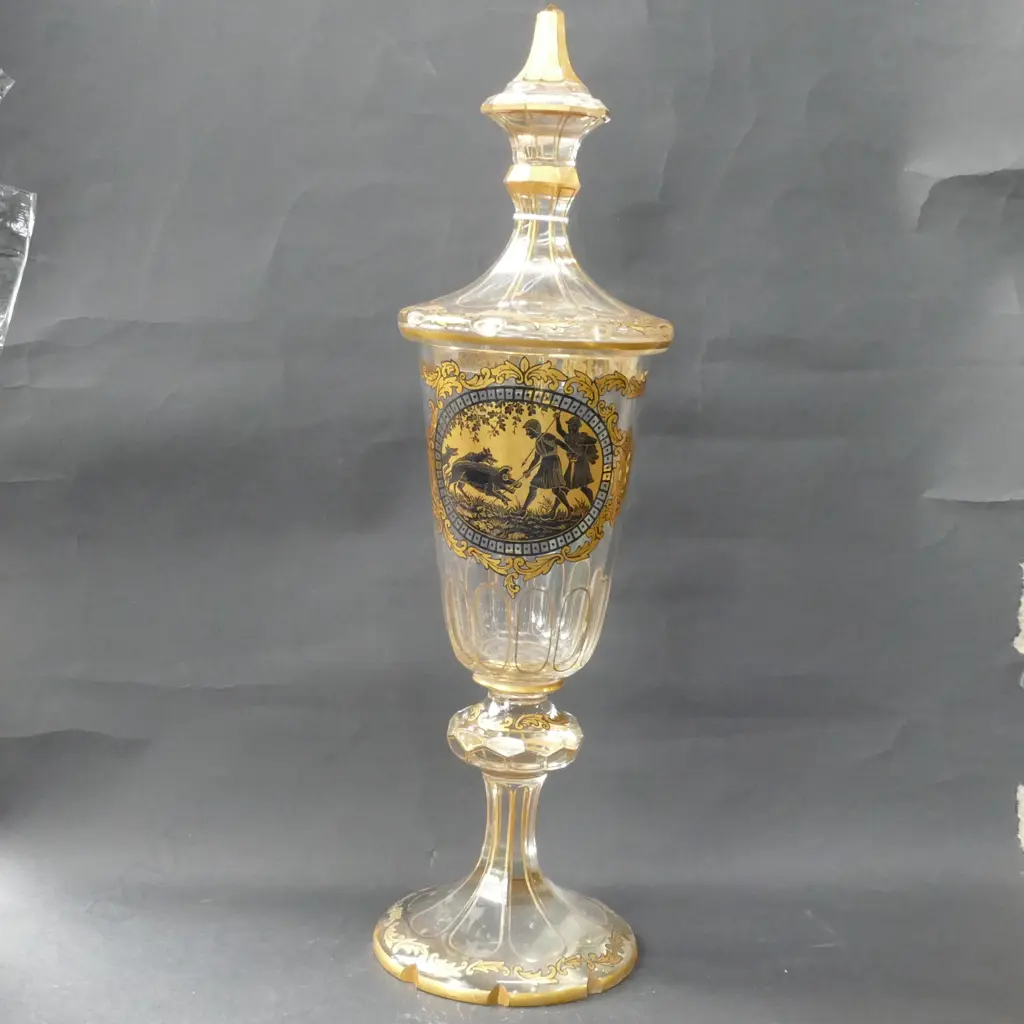 19THC CONTINENTAL GLASS LIDDED GILDED GOBLET Image 1++