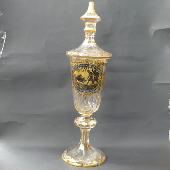 19THC CONTINENTAL GLASS LIDDED GILDED GOBLET