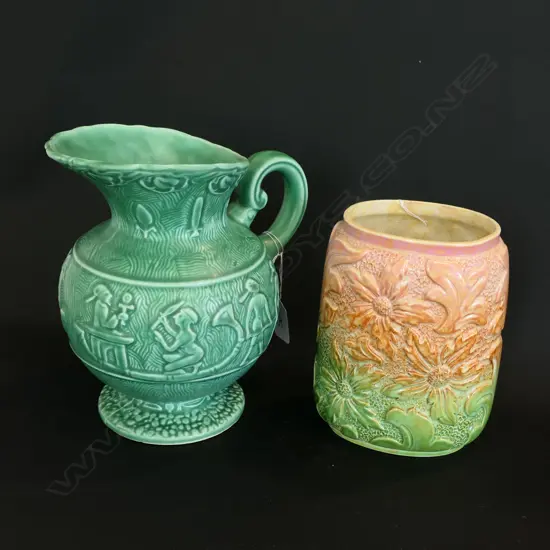 ENGLISH CHINA VASE & JUG, GREEN COLOURS.
