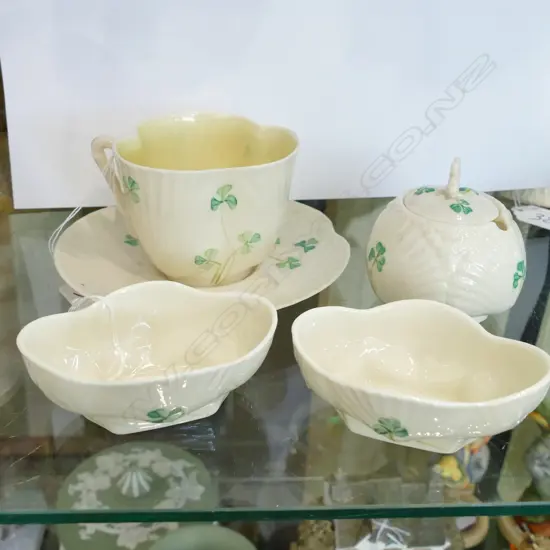 BELLEEK CUP+SAUCER/POT + 2 DISHES