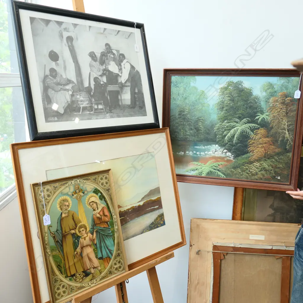 FOUR FRAMED ARTWORKS - LANSCAPE PAINTING / RELIGIOUS ICON PRINT ETC Image 1++