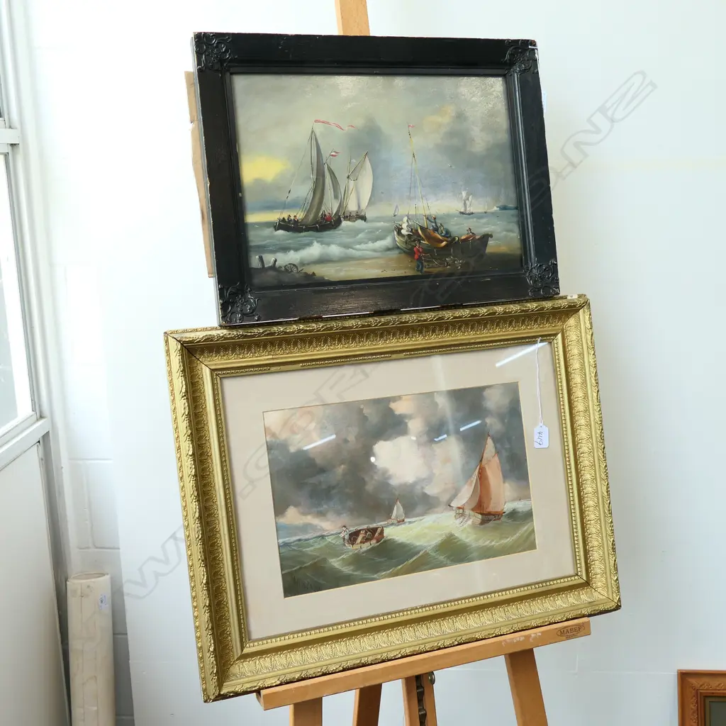 OIL SIGNED MONTAGUE "FISHING IN STORM" + DUTCH OIL ON BOARD "FISHING BOATS" FRAMEAF Image 1++