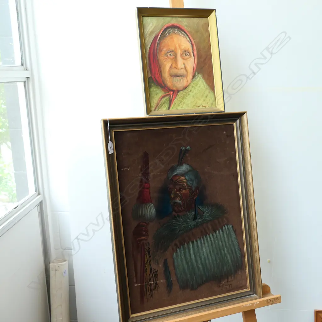 SIGNED MAORI MAN VELVET PAINTING 620MM H 470MM W & OLD MAORI WOMAN Image 1++