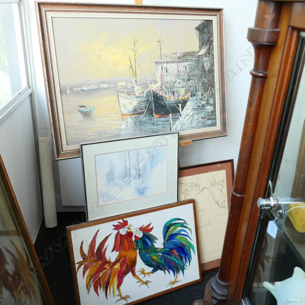 4 ARTWORKS; BOATS SIGNED OIL 760MM H 1045MM W, HILDA WALKER OIL 'COCKS FIGHTING', PACIFIC MAP, WATERCOLOUR Image 1++