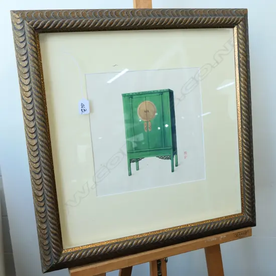 GILT FRAMED W/C OF GREEN CHINESE CABINET 595MM H