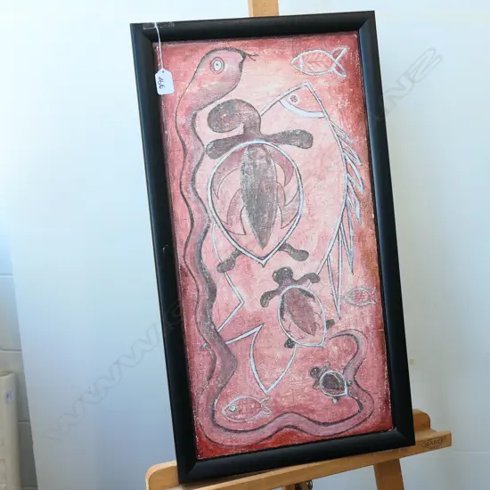 ABSTRACT RED OIL, SNAKES, TORTOISES AND FISH 670MM H 370MM W