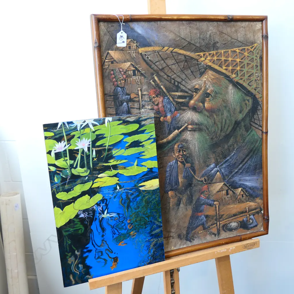 2 ARTWORKS; 'HUGH MAJOR 00' OIL LILY POND & ASIAN PAINTING 485MM W 630MM H Image 1++