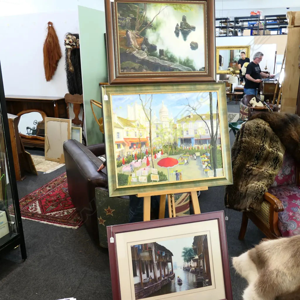 3 PAINTINGS; ELIZABETH BEATTIE 'LI RIVER CHINA' AND 'JAPANESE GARDENS' PLUS MONTMARTRE 880MM X 730MM  Image 1++