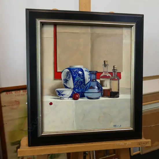 STILL LIFE OIL W/ B + W GINGER JAR BY AD NENT - SGD. C. 2000'S. 390 X 335MM