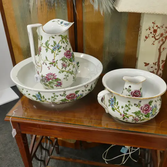 VICTORIAN 4 PCE TOILET SET MANUFACTURED FOR HARRODS; BASIN, JUG, CHAMBER POT, VASE