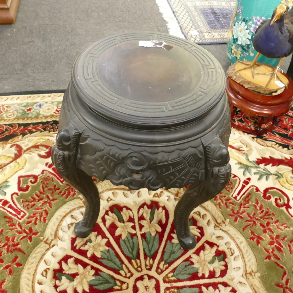 CIRCULAR CARVED WOODEN EBONISED ASIAN SIDE TALBE 520MM H 500M DIA Image 1++