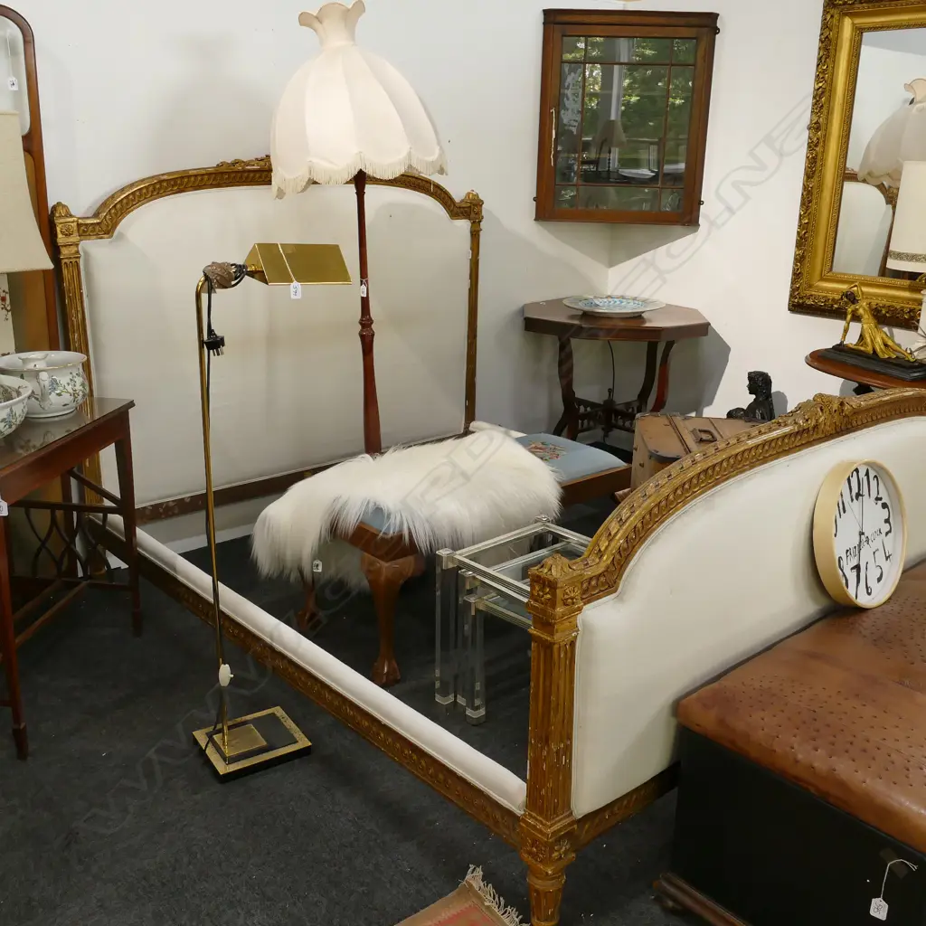 ANTIQUE FRENCH GILT FRAMED CREAM UPHOLSTERED BED Image 1++