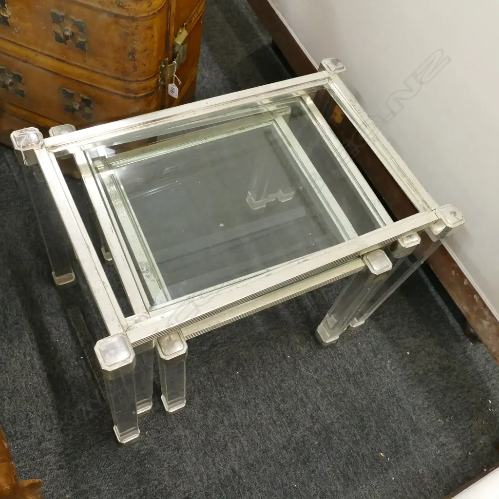 NEST OF THREE LUCITE & GLASS OCCASIONAL TABLES, LARGEST W. 560MM (MISSING TOP) Image 1++