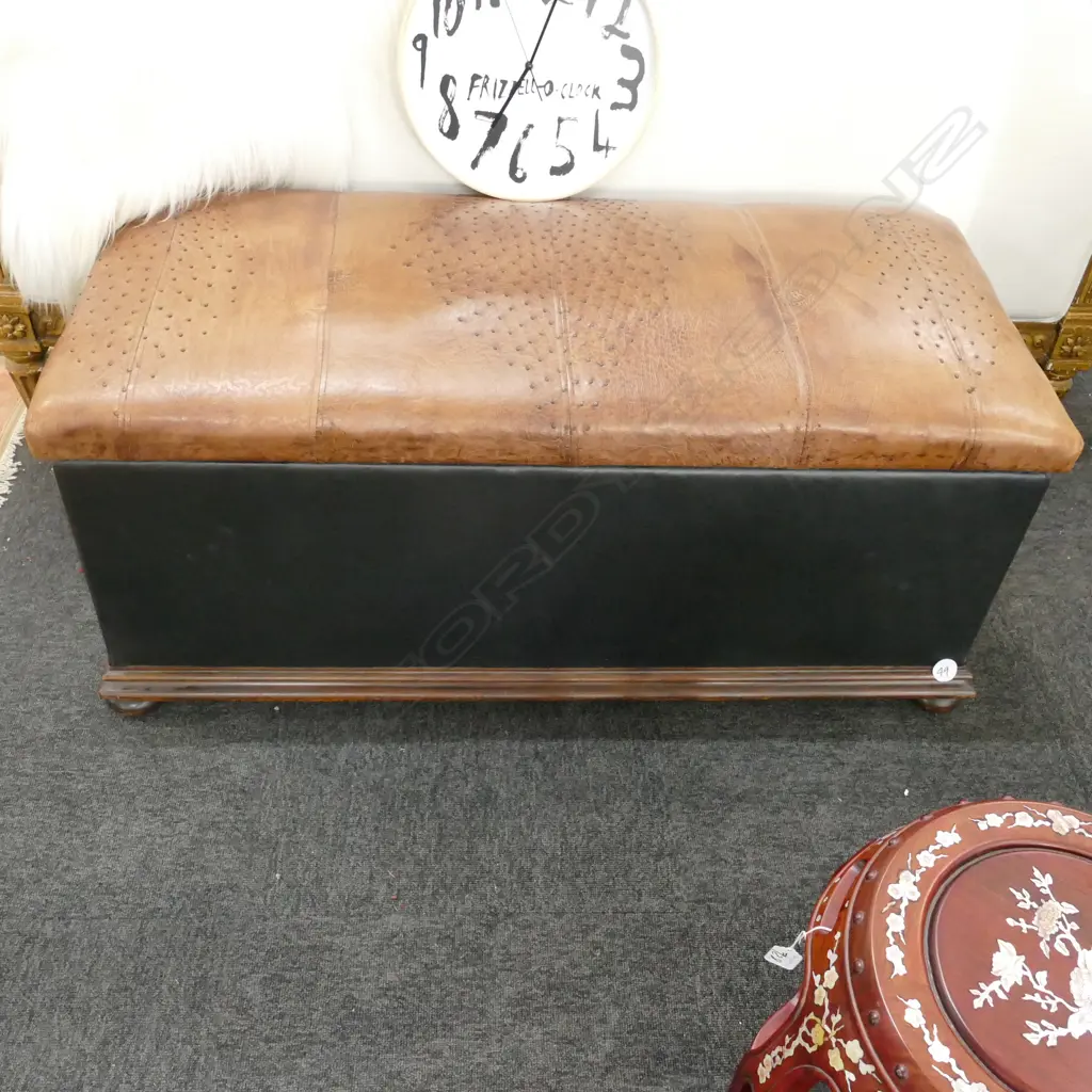 OTTOMAN WITH OSTRICH SKIN TOP, WOOD BASE, BUN FEET 1120 X 510 X 500mm Image 1++