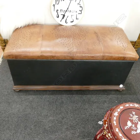 OTTOMAN WITH OSTRICH SKIN TOP, WOOD BASE, BUN FEET 1120 X 510 X 500mm