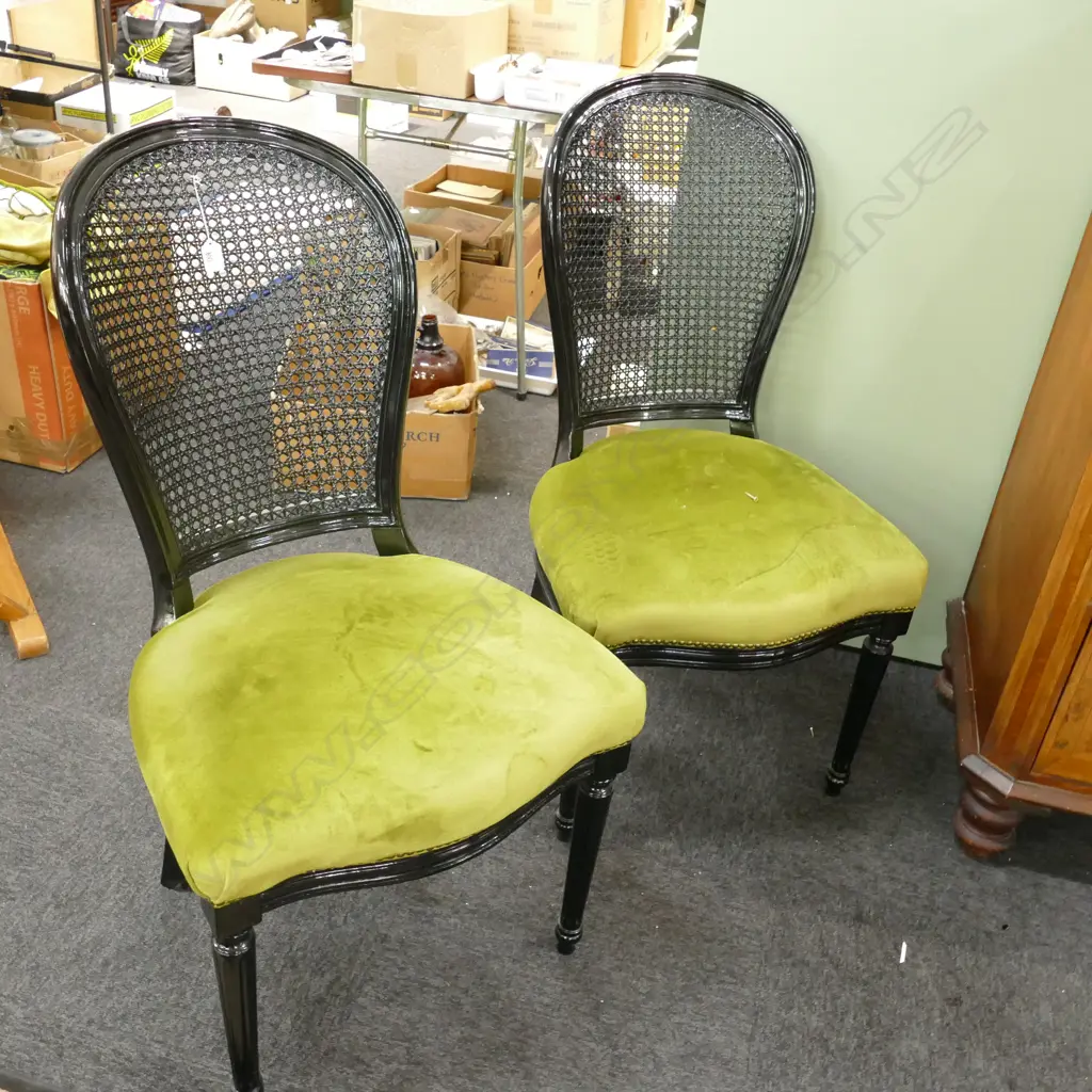 PAIR OF EBONISED CANE BACK DINING CHAIRS GREEN UPHOLSTERY Image 1++