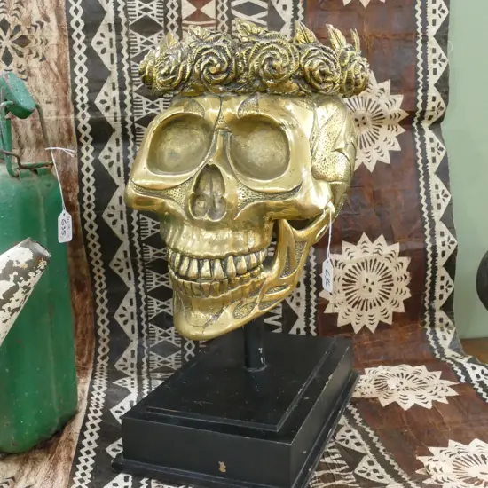 BRONZE SKULL WITH CROWN OF ROSES 480MM H